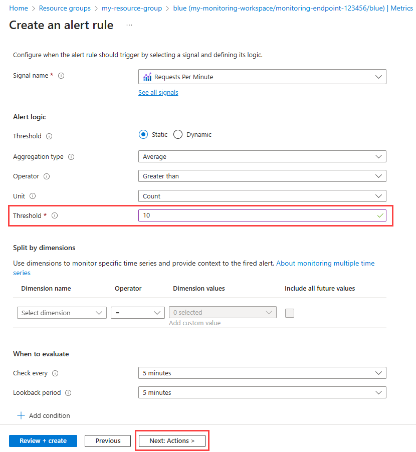 Screenshot of the Create an alert rule page in the Azure portal. The Threshold box and Next Actions are highlighted.