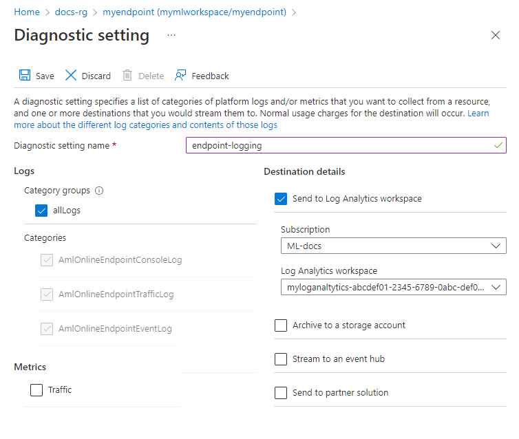 Screenshot of the Diagnostic setting window. All logs and Send to Log Analytics workspace are selected. A subscription and workspace are visible.