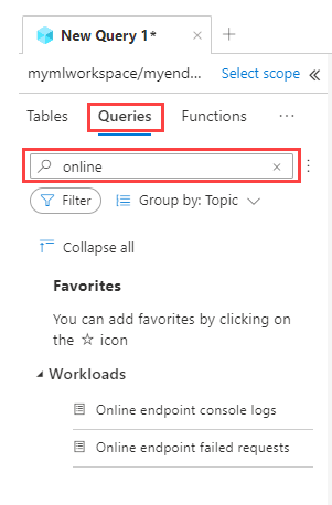 Screenshot of the Queries tab of the Azure portal Logs page. Two example queries are visible, and the Queries tab and the search box are highlighted.