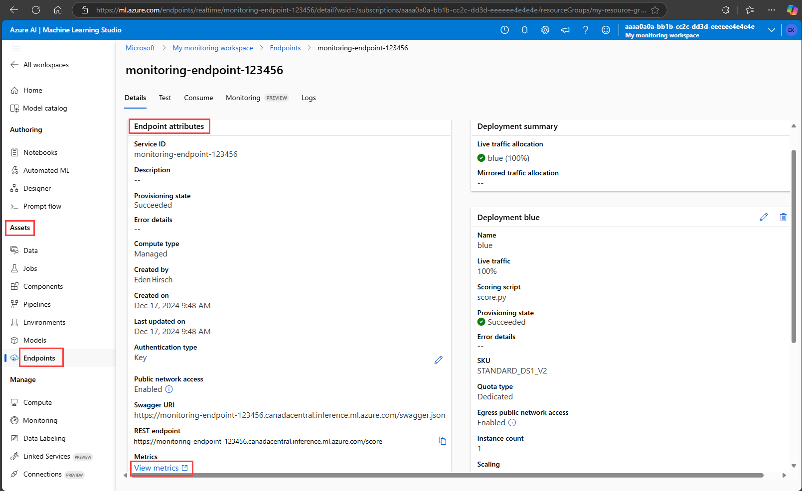 Screenshot of an endpoint page in the studio that shows endpoint attributes. Assets, Endpoints, Endpoint attributes, and View metrics are highlighted.