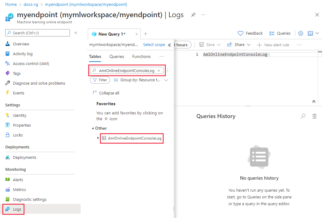 Screenshot of the Azure portal Logs page for an endpoint. AmlOnlineEndpointConsoleLog is highlighted in the search box and the results.