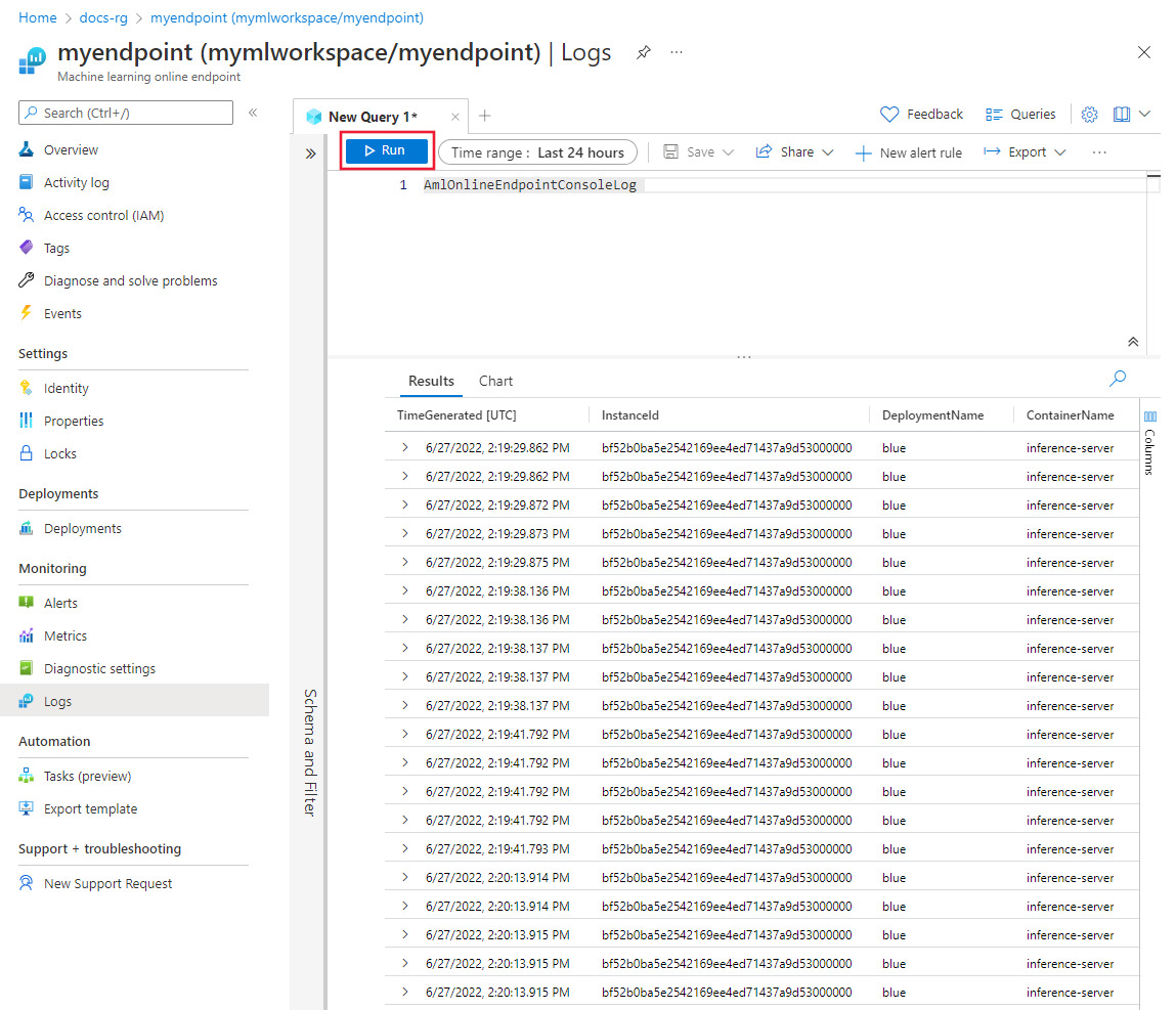 Screenshot of the Azure portal Logs page for an endpoint. Run is highlighted, and AmlOnlineEndpointConsoleLog query results are visible.
