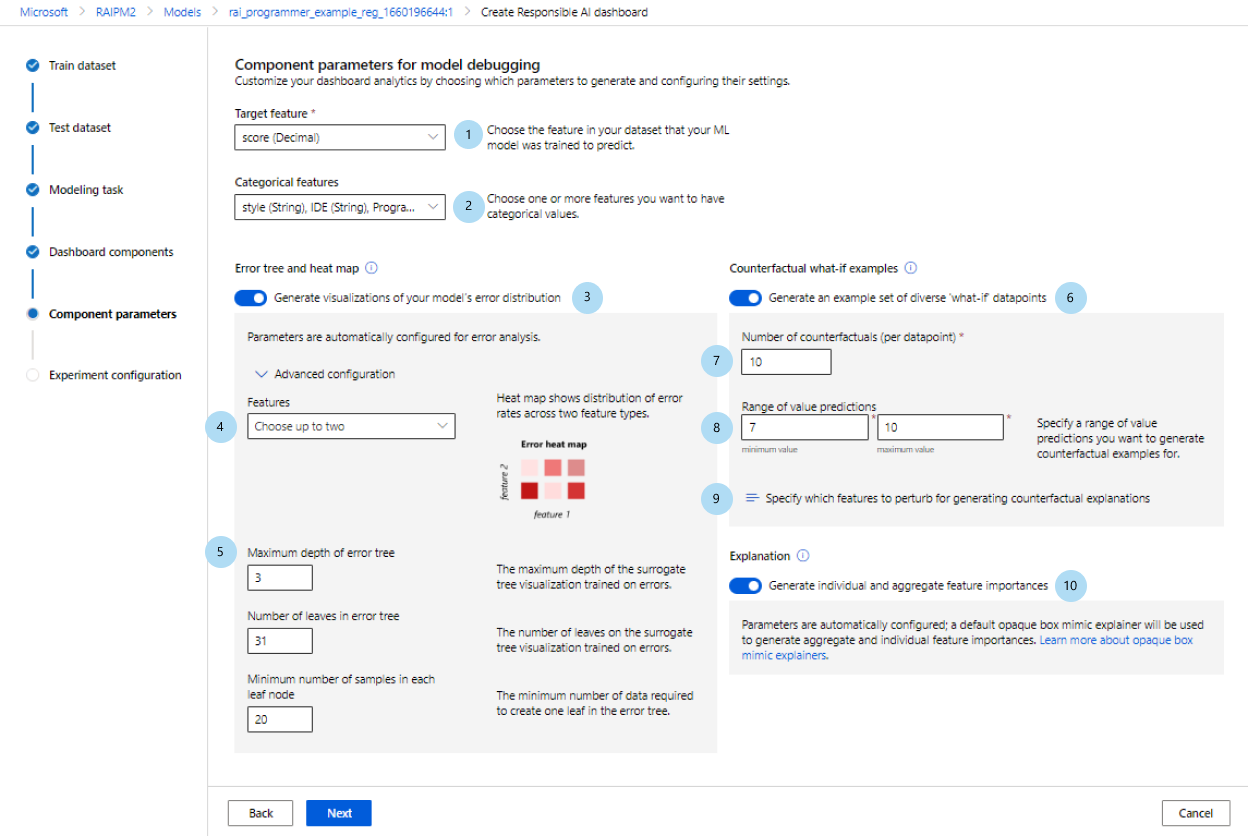 Screenshot of the component parameter tab, showing the 'Component parameters for model debugging' configuration pane.
