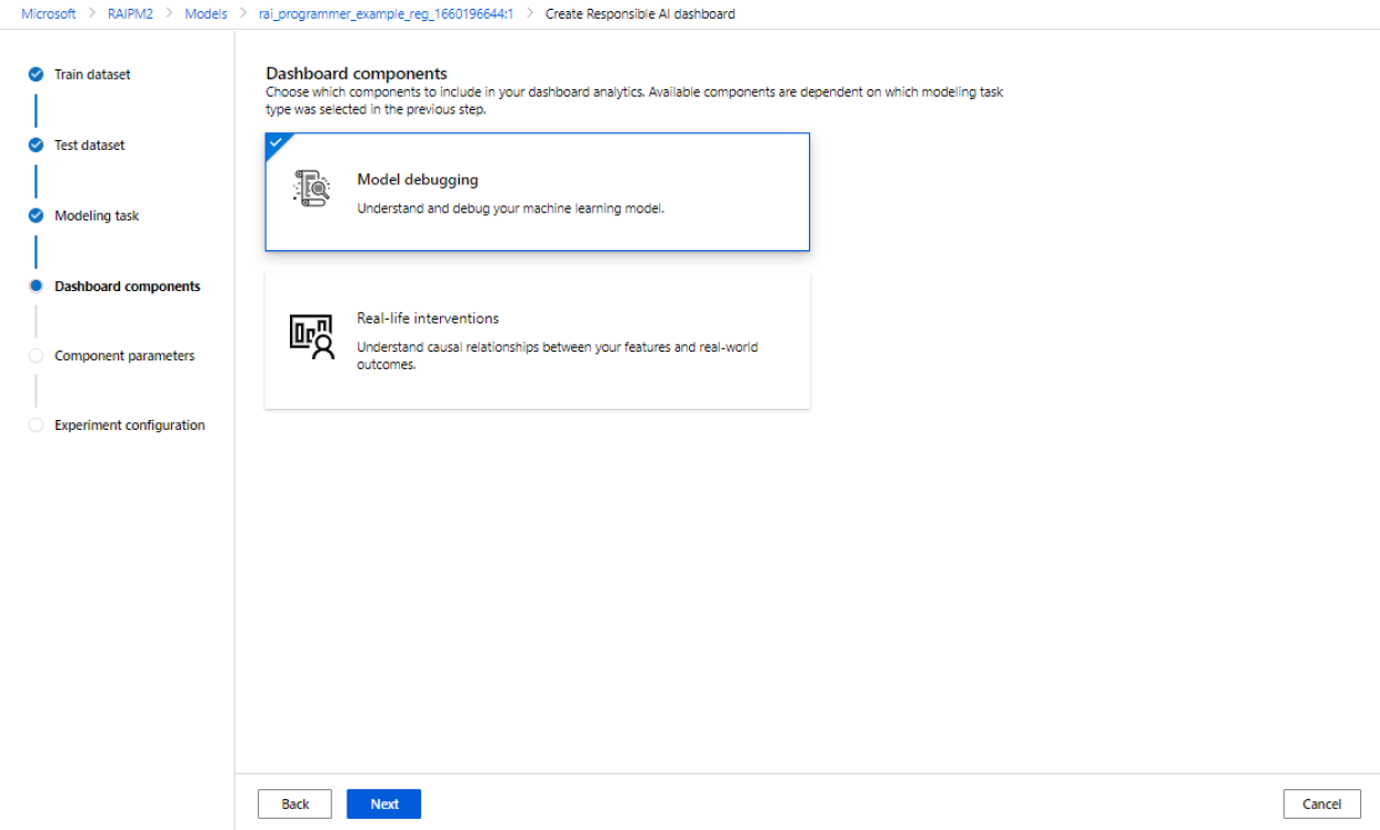 Screenshot of the dashboard components tab, showing the 'Model debugging' and 'Real-life interventions' profiles.