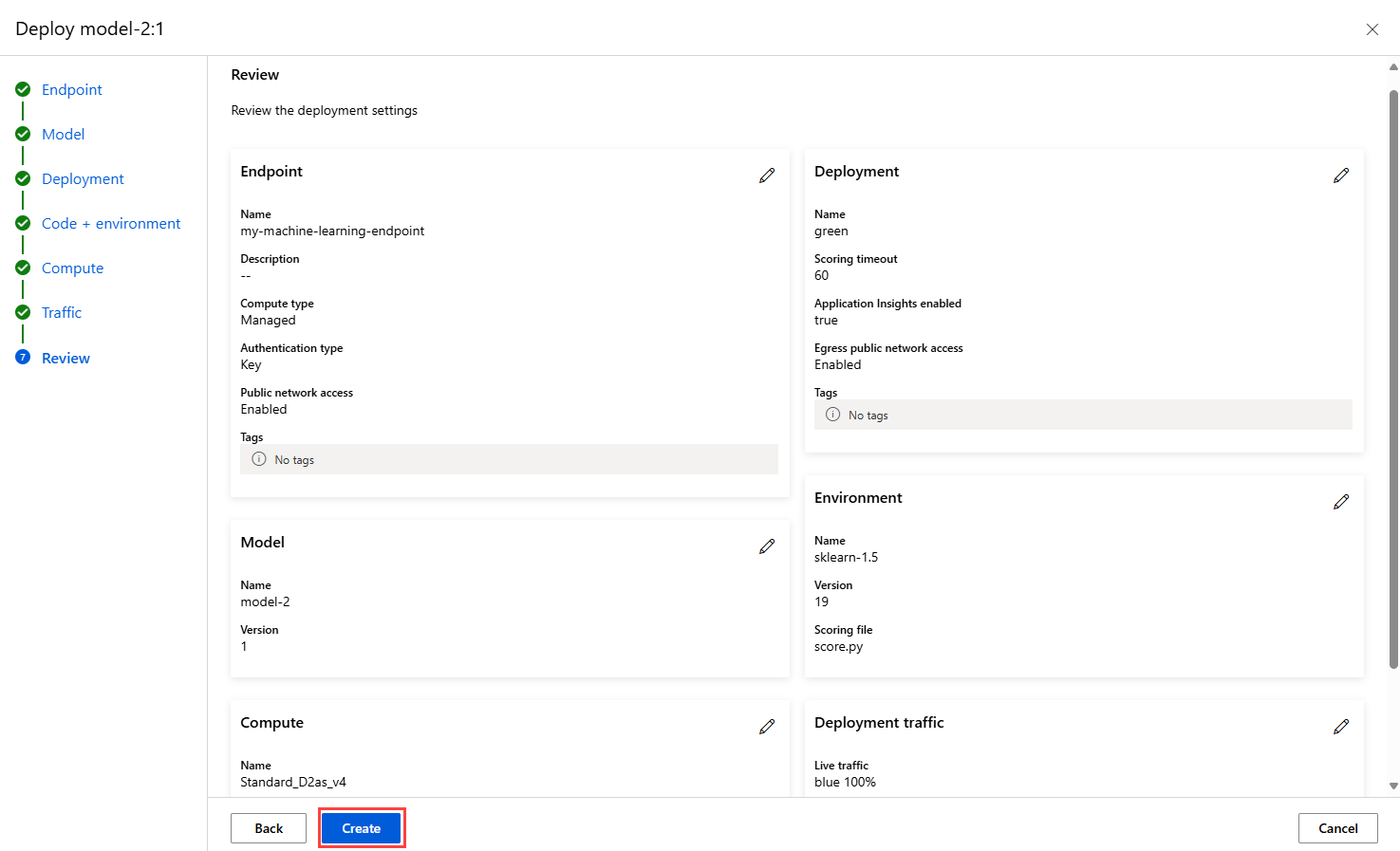 Screenshot of the Review page. Information about the endpoint, deployment, model, environment, compute instance, and traffic is visible.