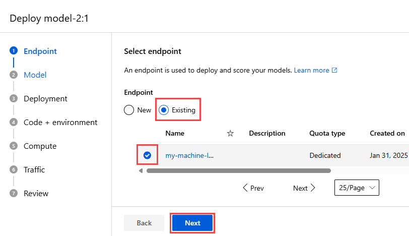 Screenshot of the Select endpoint page. The Existing option, the Next button, and the checkmark next to an endpoint are highlighted.