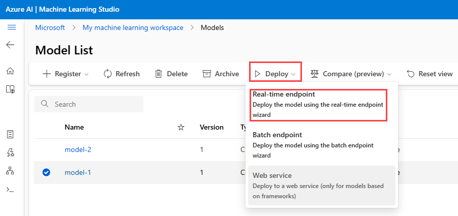 Screenshot of the Model List page. In the model list, the model-1 model is selected. Deploy and Real-time endpoint are highlighted.