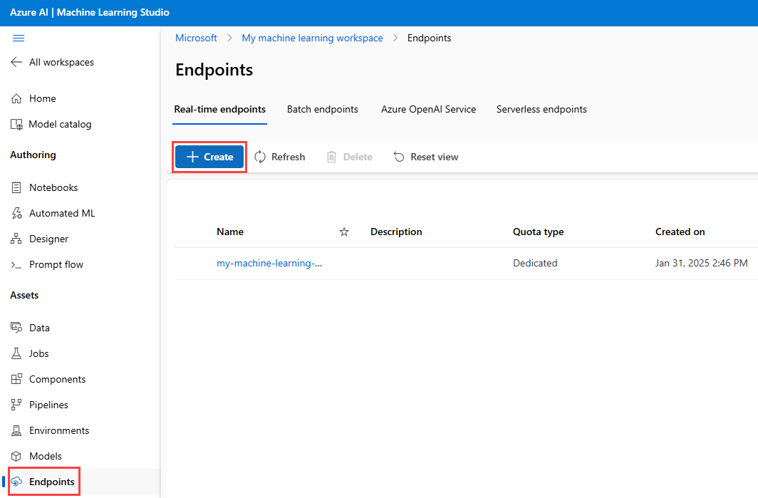 Screenshot of the studio Endpoints page. Endpoints and Create are highlighted, and one endpoint is visible.