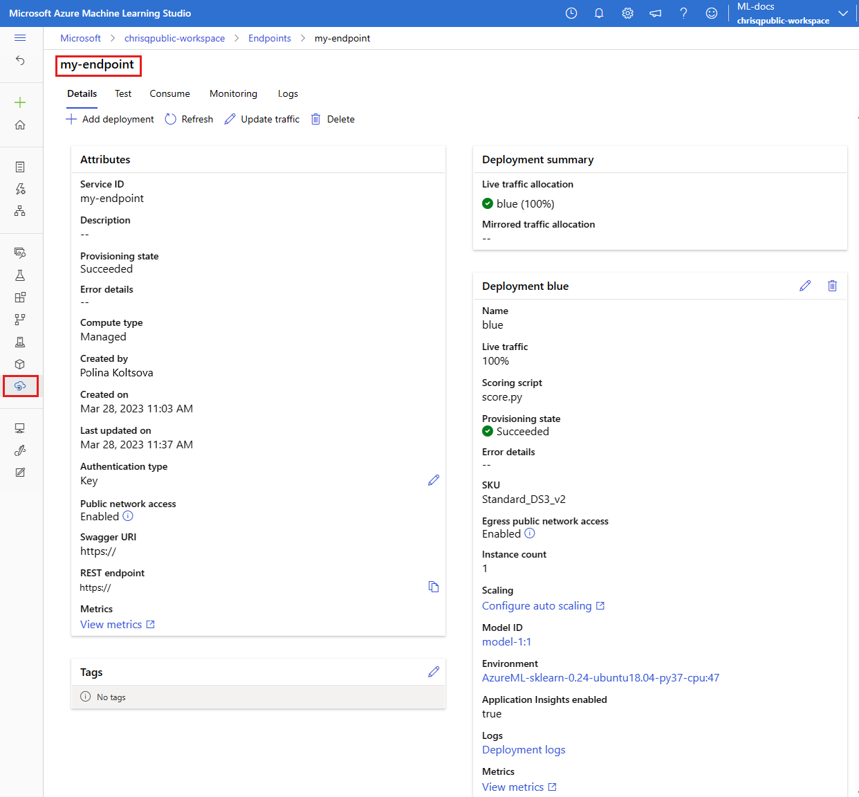 Screenshot of the Details tab of an endpoint page. Information about a deployment and attributes are visible.