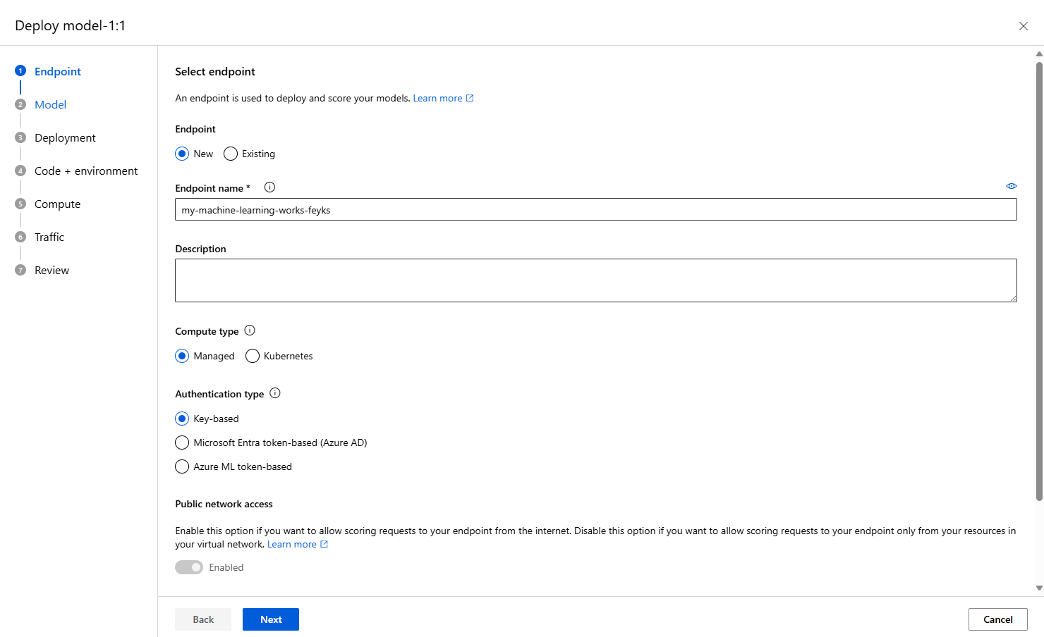 Screenshot of the Select endpoint page in the wizard for creating a managed online endpoint. An endpoint name and several settings are visible.