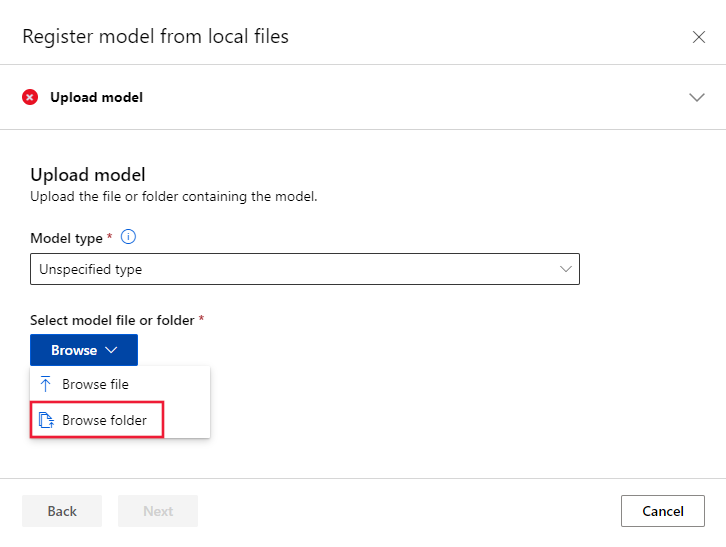 Screenshot of the Register model from local files page. Under Browse, Browse folder is highlighted.