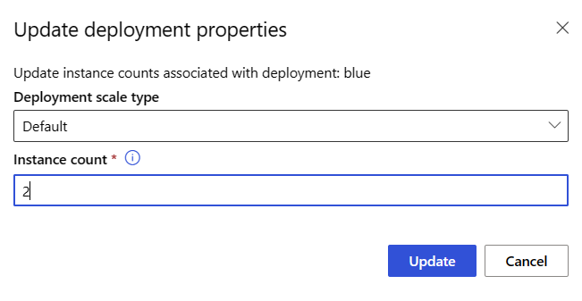 Screenshot of the Update deployment properties dialog. The Instance count value is two, and an Update button is visible.