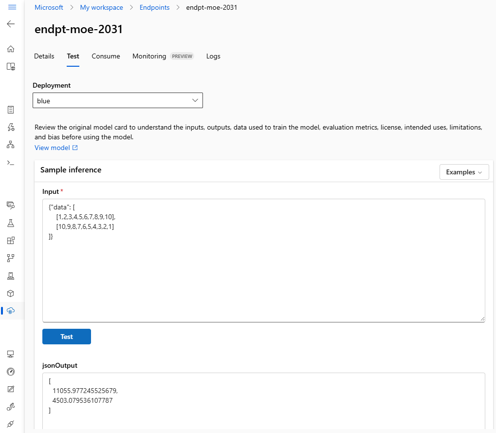 Screenshot of the Test tab of an endpoint page. The blue deployment is selected, and input and output data is visible.