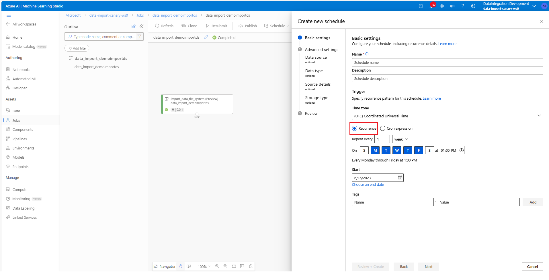 Screenshot of schedule creation wizard showing the basic settings.