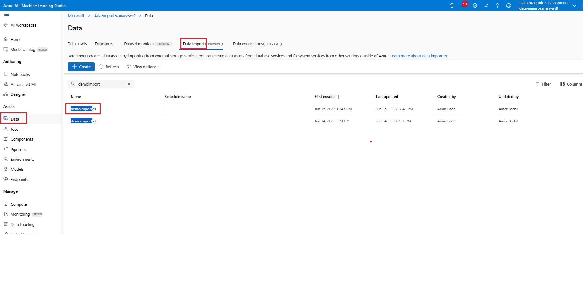 Screenshot highlighting the imported data asset name in the Data imports tab.