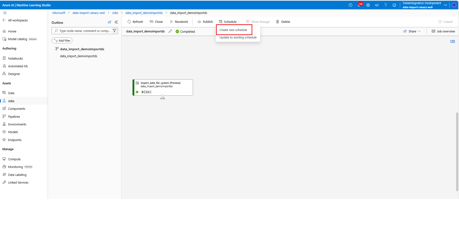 Screenshot of the jobs tab, with the create new schedule button.