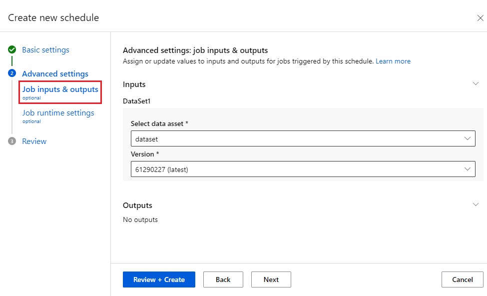 Screenshot of create new schedule on the advanced settings job inputs and outputs tab.