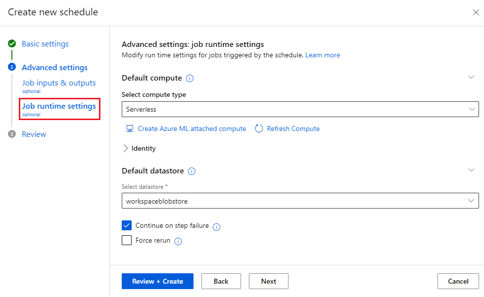 Screenshot of schedule creation wizard showing the job runtime settings.