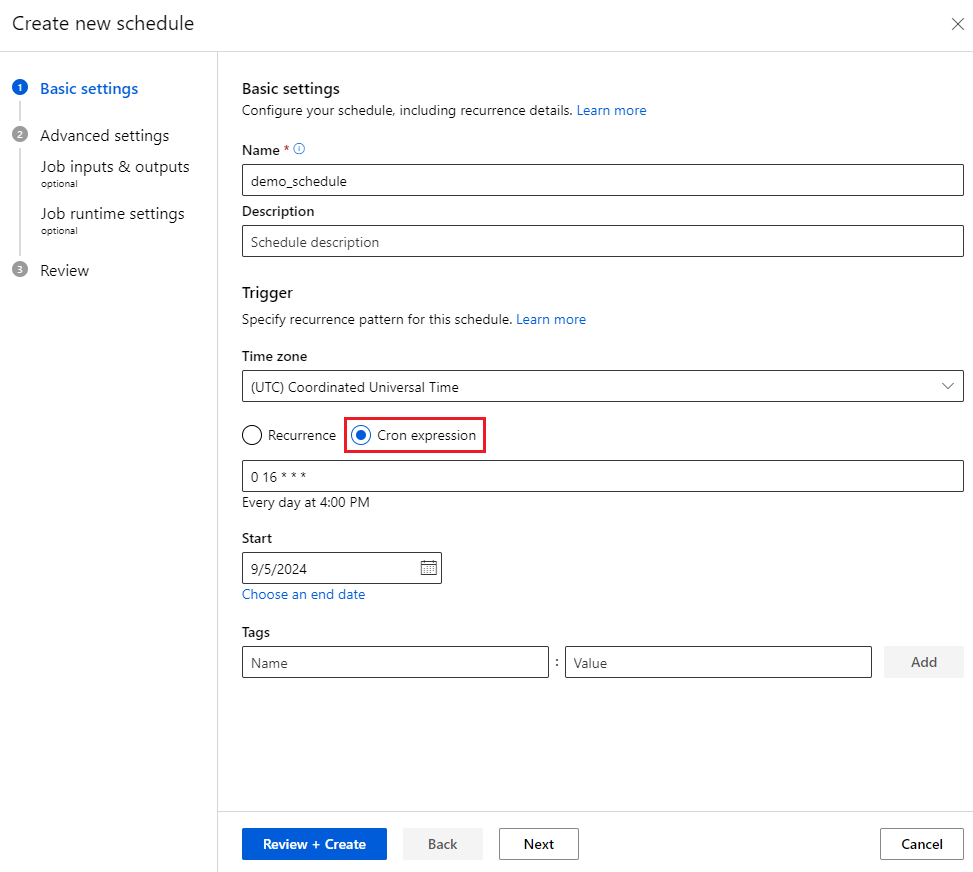 Screenshot of schedule creation wizard showing the basic settings for cron.