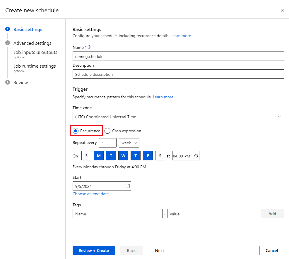 Screenshot of schedule creation wizard showing the basic settings.