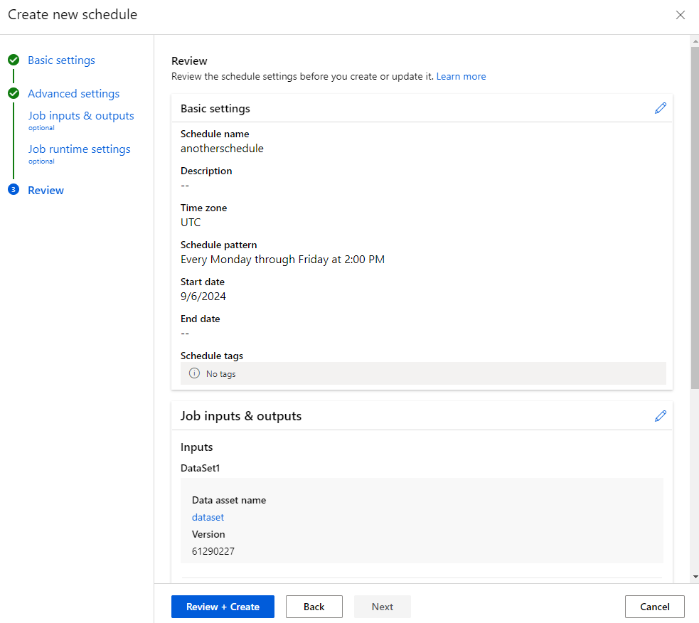 Screenshot of schedule creation wizard showing the review of the schedule settings.