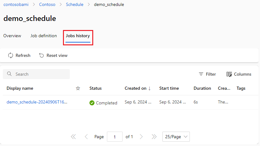 Screenshot of the jobs history tab in the schedule detail page.