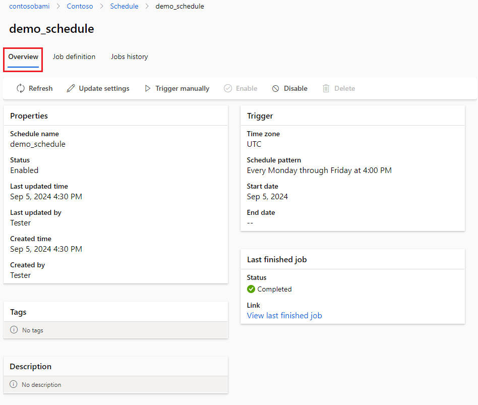 Screenshot of the overview tab in the schedule detail page.