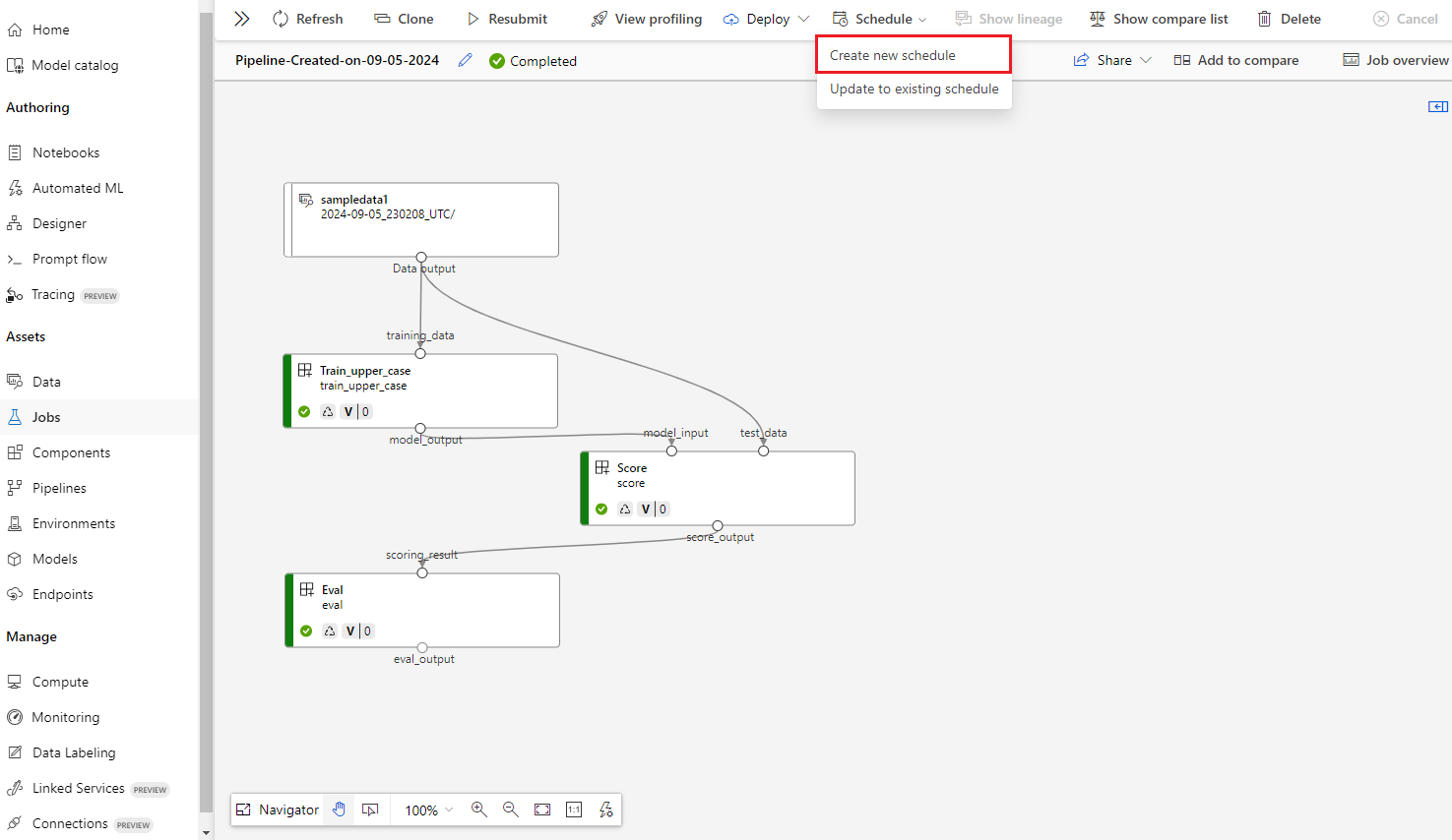 Screenshot of the jobs tab showing the Create new schedule button selected.