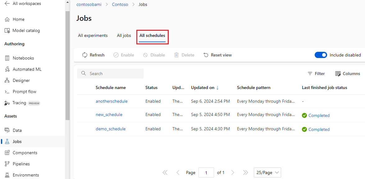 Screenshot of the all schedule tabs showing the list of schedule in this workspace.