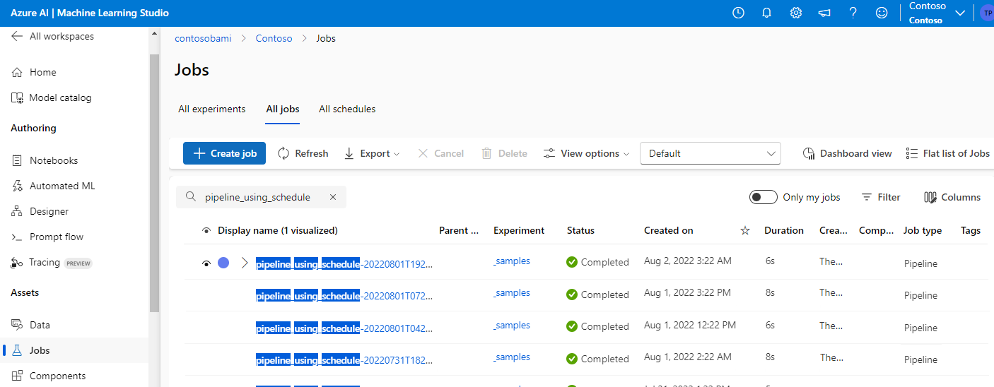 Screenshot of the jobs tab in the Azure Machine Learning studio filtering by job display name.