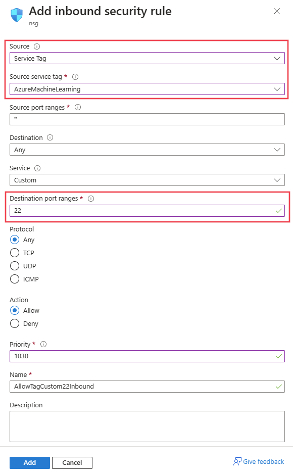 A screenshot of inbound rules for doing experimentation on a VM or HDInsight cluster within a virtual network.