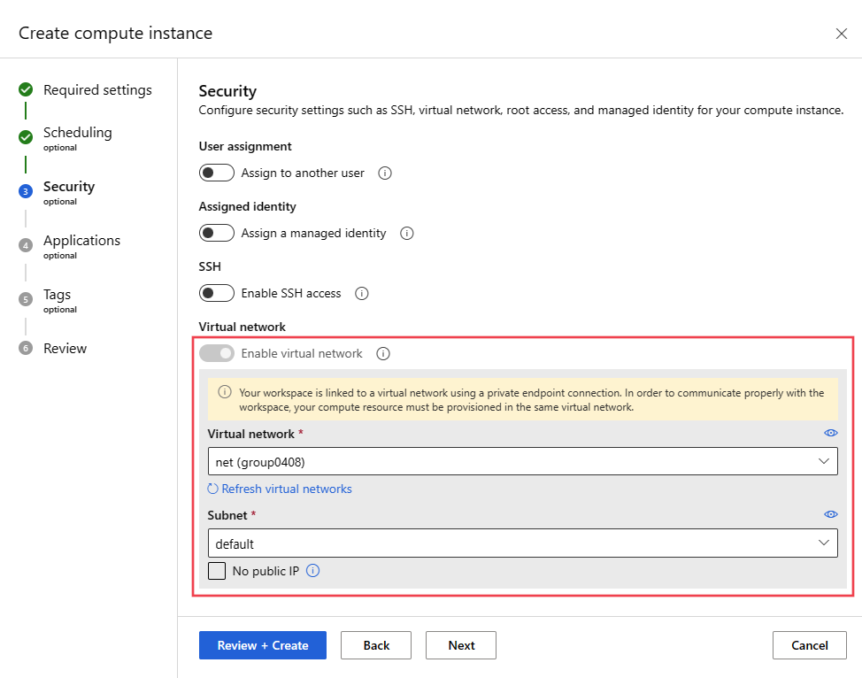 A screenshot of how to configure a compute instance/cluster in a VNet with a public IP.