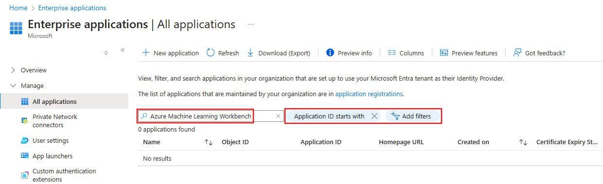 Screenshot of the Enterprise Applications search with no matching results.
