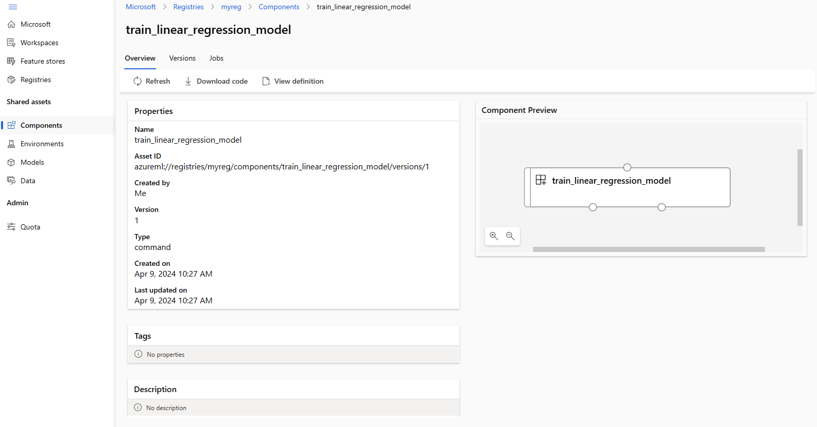 Screenshot of components in the registry.