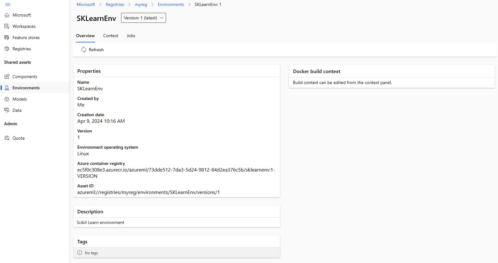 Screenshot of environments in the registry.