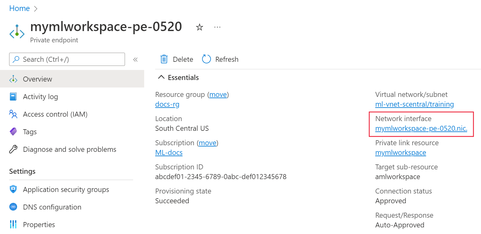 Screenshot of the private endpoint overview with network interface link highlighted.