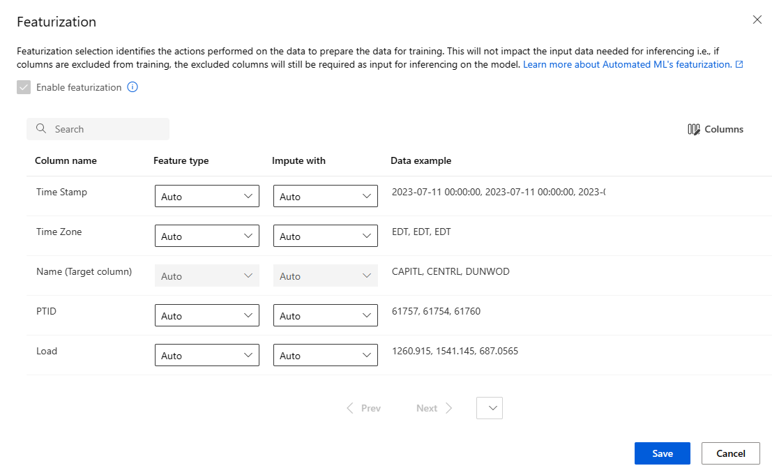 Screenshot that shows custom featurization in the Azure Machine Learning studio.