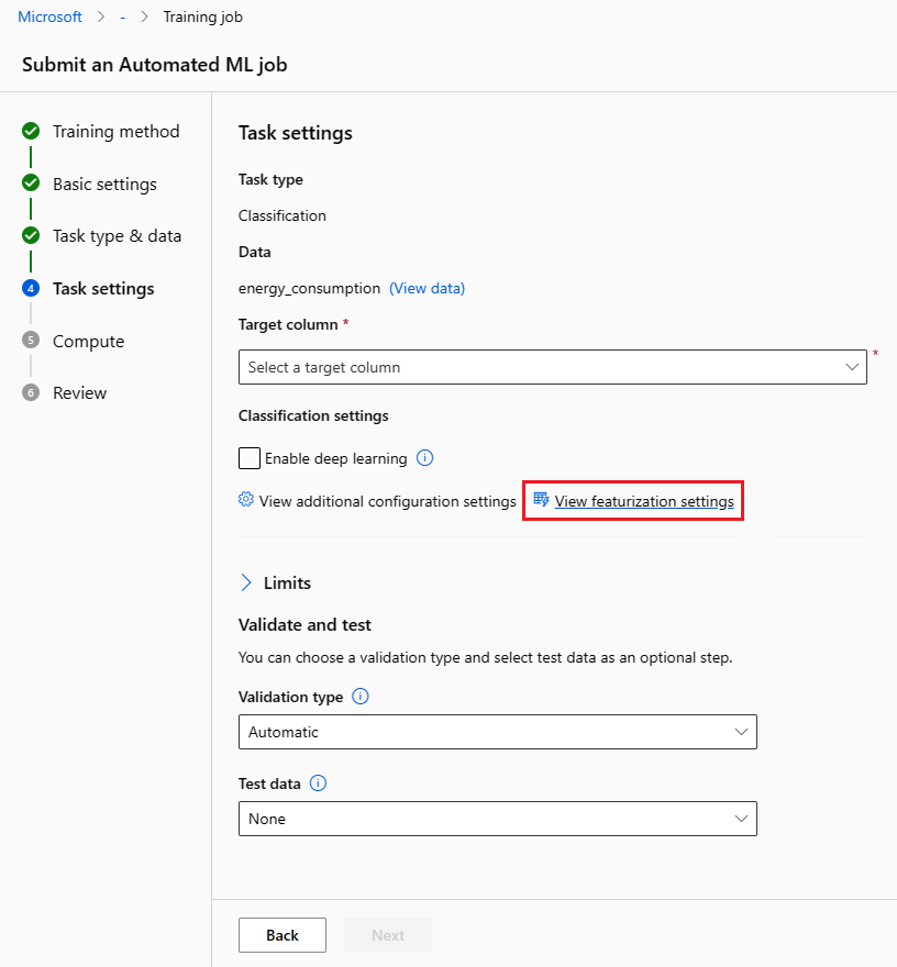 Screenshot that shows the Select task type dialog box with View featurization settings called out.