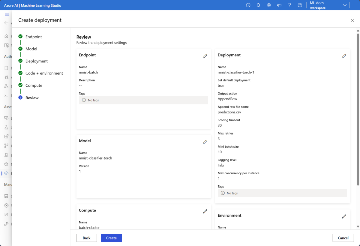Screenshot of batch endpoints deployment review screen.