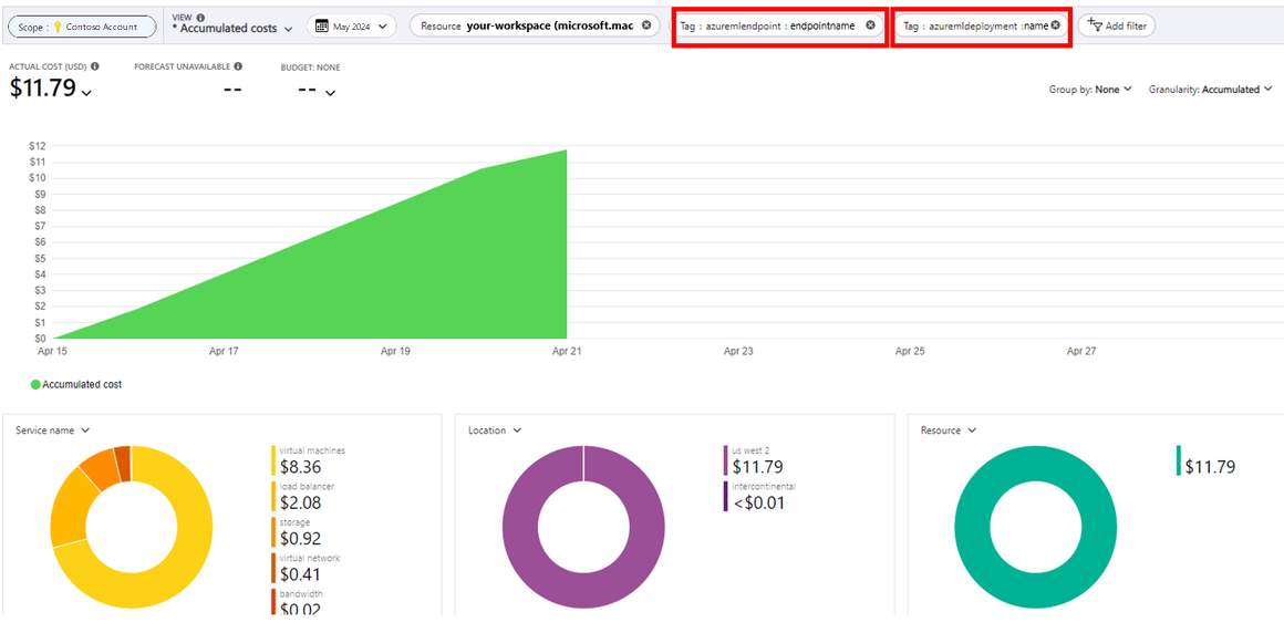 Screenshot of the Cost Analysis view showing a red box around the Tag buttons.