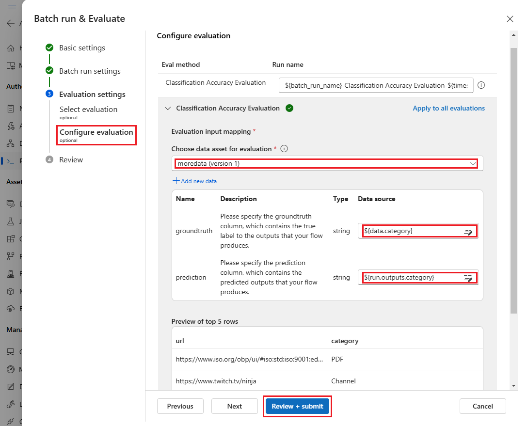 Screenshot of evaluation input mapping.