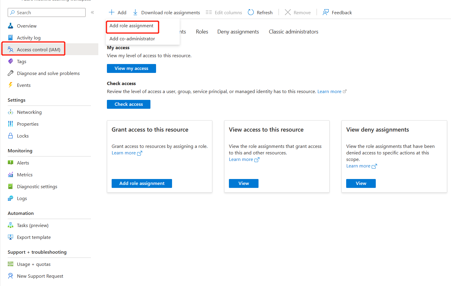 Screenshot of Access control with add role assignment highlighted.