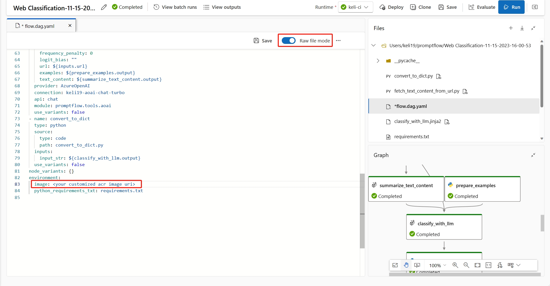 Screenshot of specifying base image in raw yaml file of the flow.