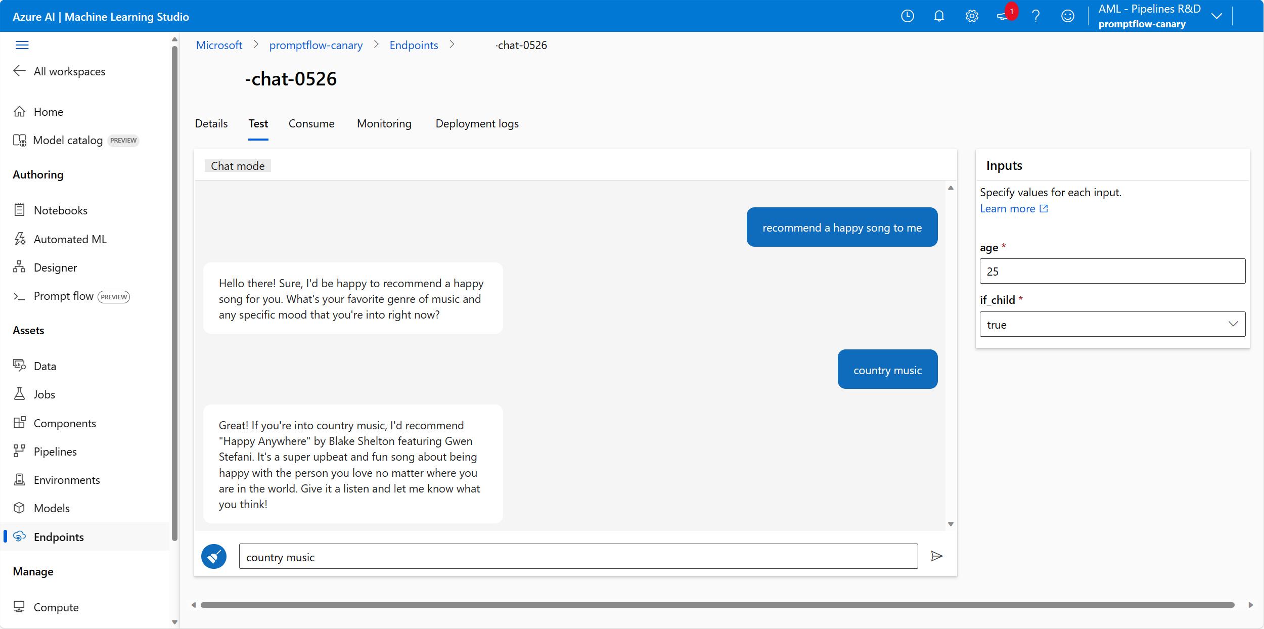 Screenshot of an endpoint deployed from chat flow.