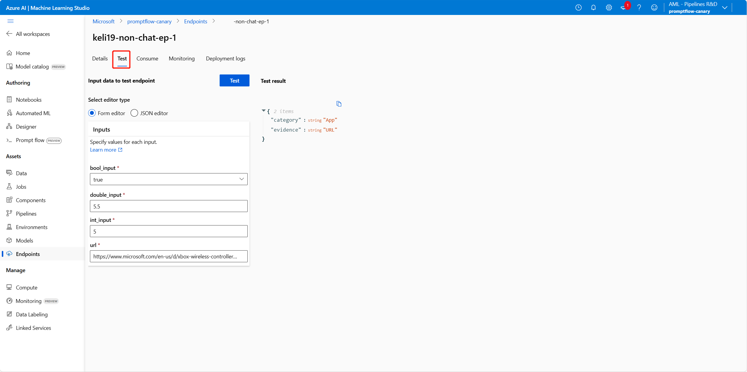 Screenshot of end point detail page on the test tab.