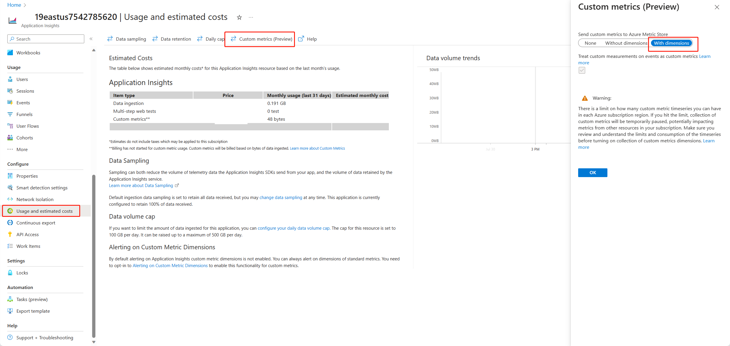 Screenshot of enable multidimensional metrics.