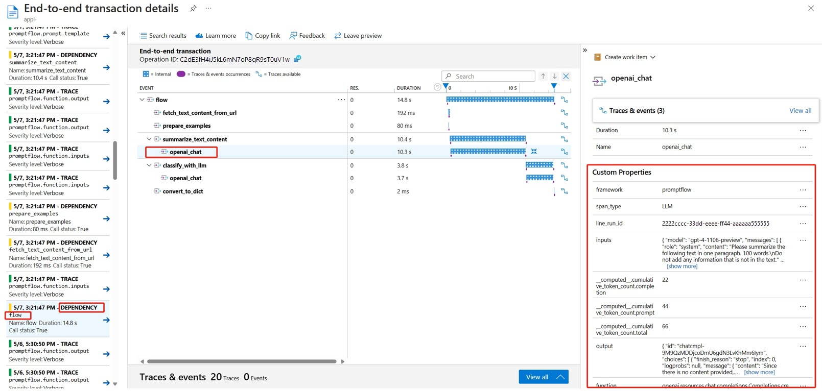 Screenshot of tracing data in application insights.