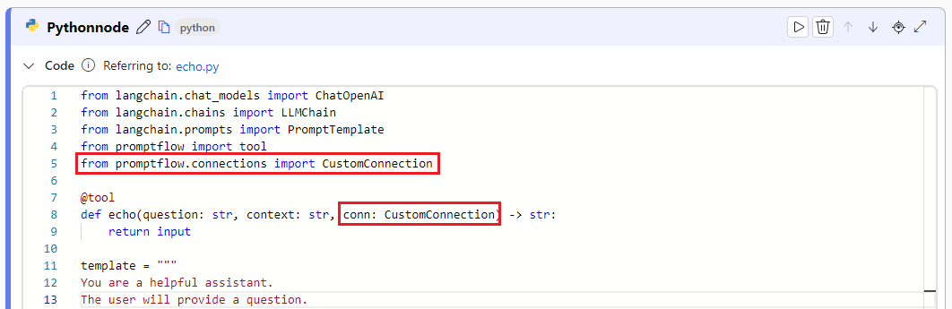 Screenshot that shows the doc search chain node highlighting the custom connection.