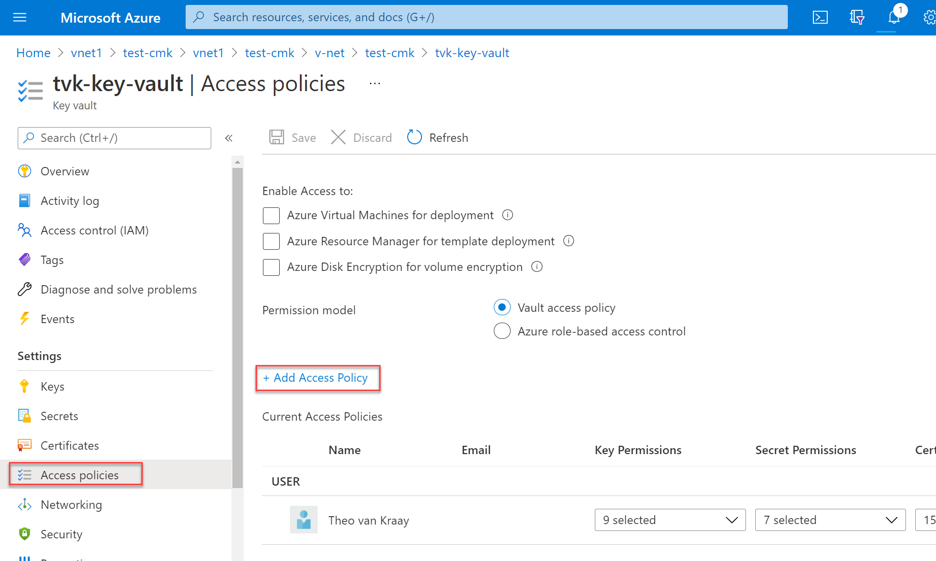 Screenshot that shows the pane for access policies in the Azure portal.