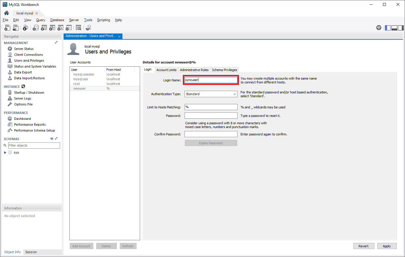 Screenshot of Sync user.
